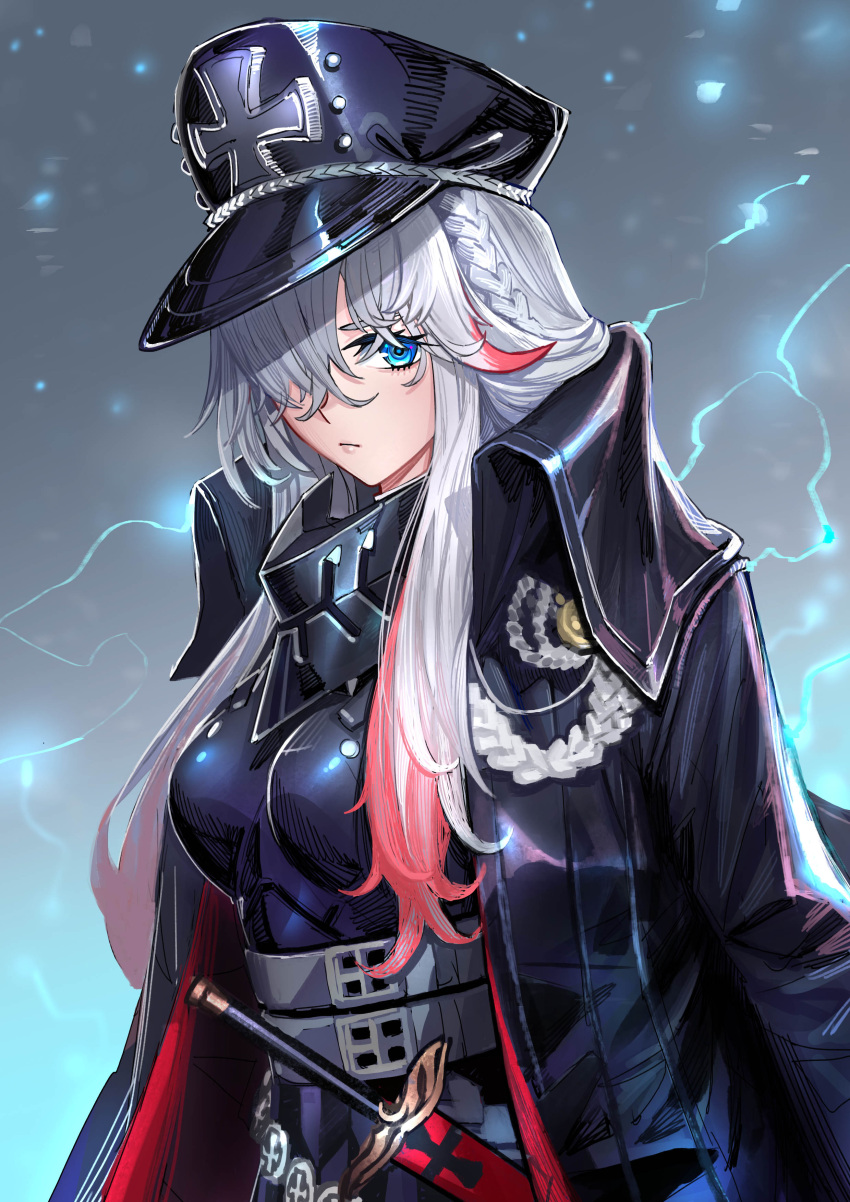 absurdres armor azur_lane blue_eyes braid breastplate breasts coat coat_on_shoulders cross female hair_over_one_eye hat highres iron_cross kaki_z3 lightning long_bangs looking_at_viewer medium_breasts multicolored_hair odin_(azur_lane) peaked_cap red_hair sheath sheathed solo streaked_hair sword upper_body weapon white_hair