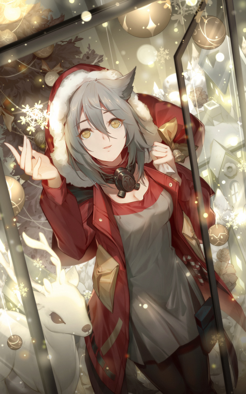 absurdres animal_ears arknights bell bow breasts brown_pantyhose candy candy_cane carrying_over_shoulder chinese_commentary christmas christmas_ornaments christmas_tree cleavage coat_stash commentary_request dress dutch_angle emurina female food fur-trimmed_hood fur_trim glass grey_dress hair_between_eyes hand_up highres holding hood hood_up jacket light_particles long_sleeves looking_at_viewer looking_up mask mask_around_neck medium_breasts medium_hair open_clothes open_door open_jacket pantyhose parted_lips photoshop_(medium) pinecone pouch projekt_red_(arknights) red_hood red_jacket reindeer respirator snowflakes solo standing tail toy toy_house yellow_bow