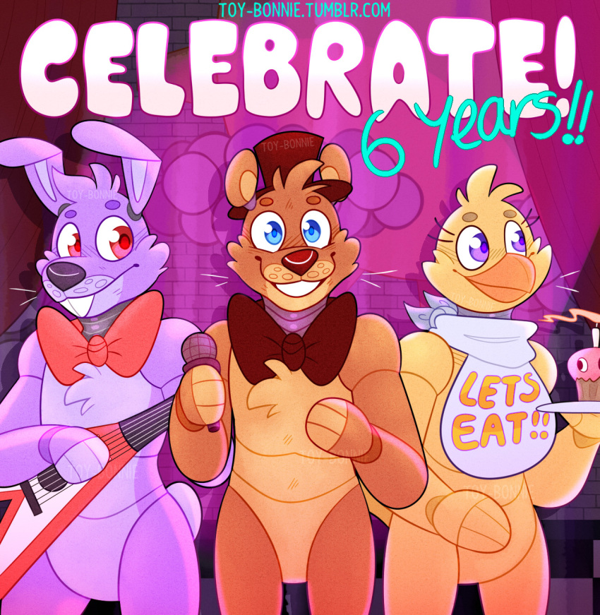 2020 animatronic anniversary anthro avian beak bear bib bird blue_eyes bonnie_(fnaf) buckteeth celebration cheek_tuft chest_tuft chica_(fnaf) chicken cupcake cupcake_(fnaf) electronics facial_tuft feathers female five_nights_at_freddy's food freddy_(fnaf) fur galliform gallus_(genus) group guitar head_tuft hi_res lagomorph leporid machine male mammal microphone musical_instrument phasianid plucked_string_instrument purple_body purple_eyes purple_fur rabbit red_eyes robot scottgames small_tail standing string_instrument tail teeth text toy-bonnie tuft url yellow_body yellow_feathers