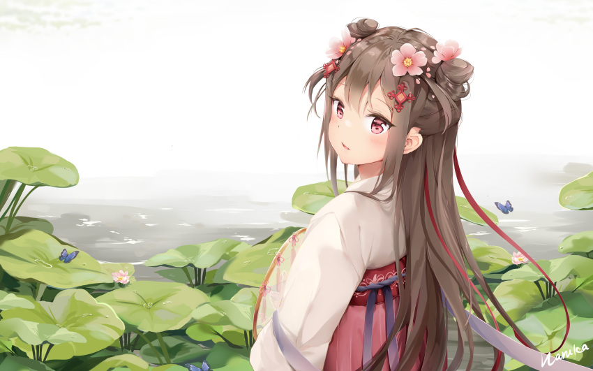 absurdres animal blush brown_hair bug butterfly chinese_clothes chinese_knot day female flower hair_between_eyes hair_bun hair_flower hair_ornament hanfu haruka_poi highres lily_pad long_hair long_sleeves looking_at_viewer looking_back original outdoors parted_lips pink_flower qixiong_ruqun red_eyes ribbon ruqun solo standing very_long_hair water wide_sleeves