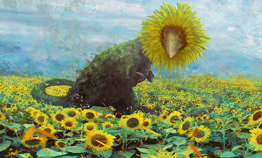 blue_sky claws commentary_request day dinosaur field flower flower_field looking_at_viewer monster moss no_humans orange_eyes original outdoors partial_commentary photoshop_(medium) scenery sky standing sunflower sunflower_field tail toy(e) yellow_flower yuugai_choujuu