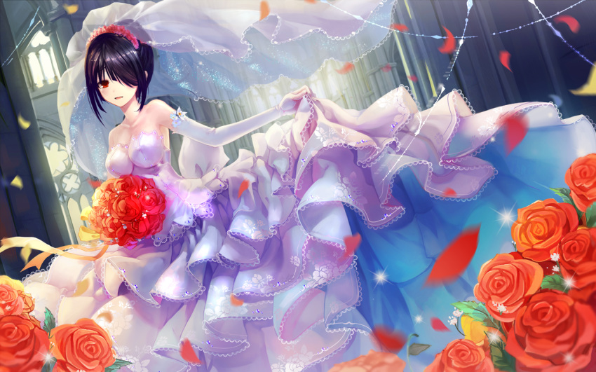 300_heroes artist_request bare_shoulders black_hair bouquet breasts bridal_veil bride date_a_live dress female flower gloves hair_over_one_eye large_breasts looking_at_viewer open_mouth petals red_eyes smile solo tokisaki_kurumi veil wedding_dress white_dress white_gloves