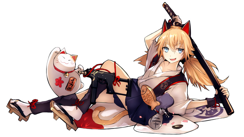 absurdres animal_ears bell black_gloves blonde_hair blue_eyes cat_ears cat_girl cat_tail collarbone commission female fingerless_gloves full_body geta girls'_frontline gloves gun hakama hakama_skirt highres holding holding_sword holding_weapon idw_(girls'_frontline) idw_(roly-poly_ninja_cat)_(girls'_frontline) japanese_clothes jingle_bell katana kimono long_hair looking_at_viewer maneki-neko mineta_naoki official_alternate_costume open_mouth parker-hale_idw pixiv_commission sarashi sheath sheathed skirt smile submachine_gun sword tabi tail transparent_background twintails weapon white_kimono