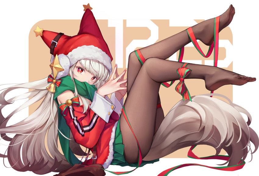 am1m animal_ears arknights black_pantyhose christmas commentary_request feet female fingers_together fox_tail frostleaf_(arknights) fur-trimmed_headwear fur_trim green_scarf green_skirt grey_hair hat highres hood hooded_coat legs_up long_hair looking_at_viewer no_shoes pantyhose pleated_skirt red_eyes ribbon santa_costume santa_hat scarf skirt solo tail thighs