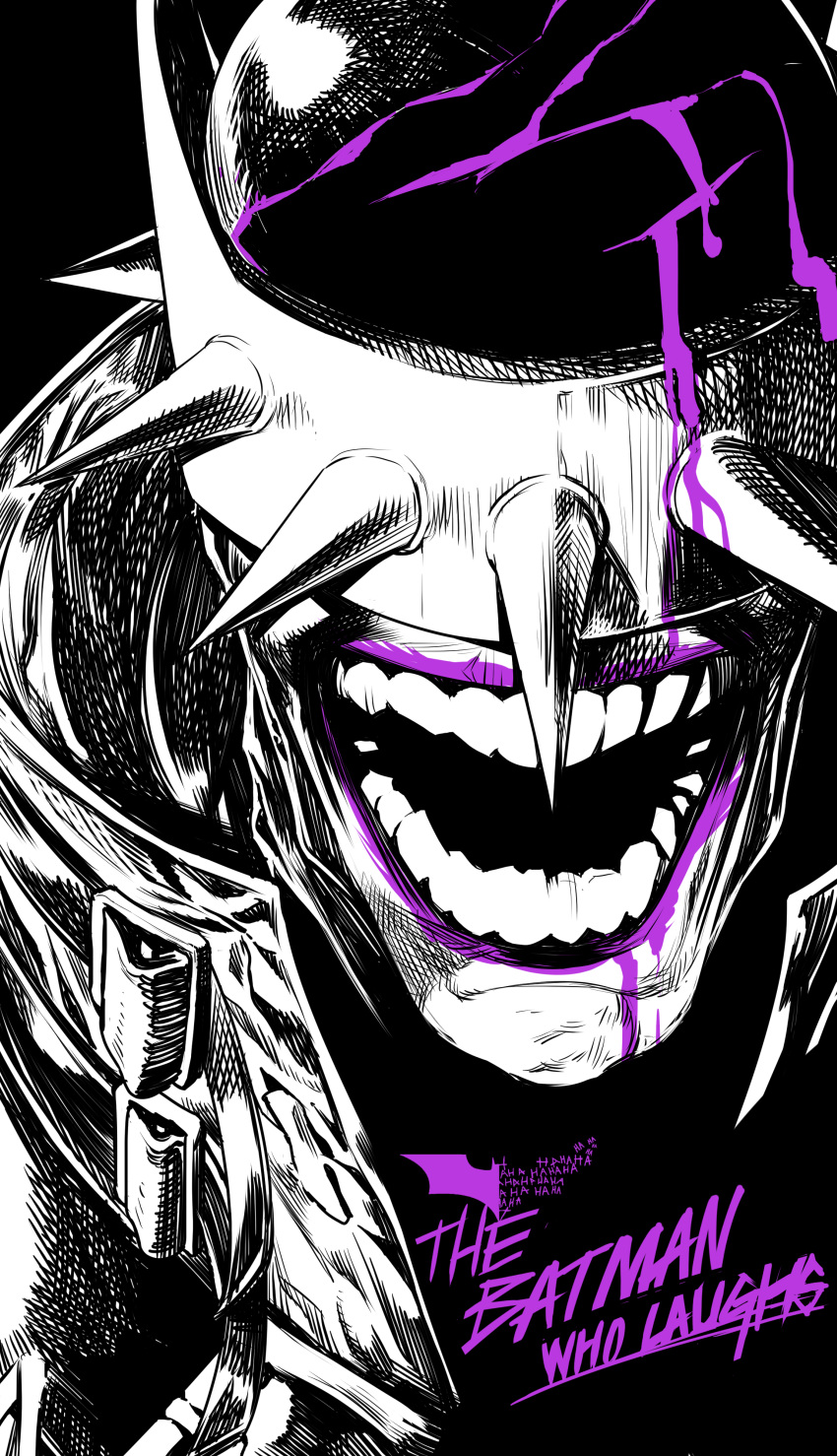 1boy absurdres bad_id bad_pixiv_id batman batman_(series) character_name close-up commentary covered_eyes dc_comics english_commentary english_text facing_viewer highres jin_rou laughing male_focus mask monochrome open_mouth solo spikes spot_color teeth the_batman_who_laughs