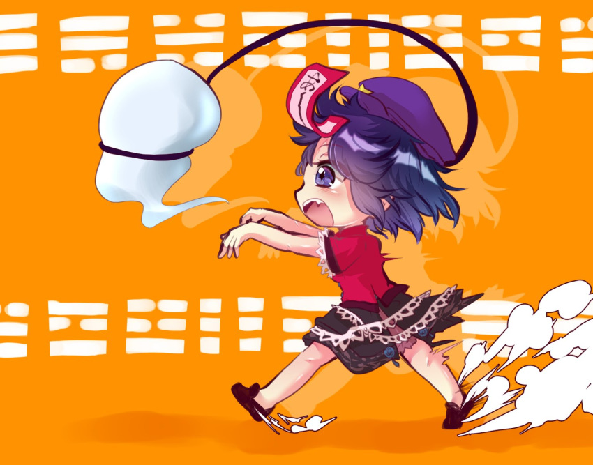 black_skirt cabbie_hat carrot_on_stick chasing colored_shadow commentary dust_cloud expressive_clothes female frilled_shirt frilled_skirt frills ghost hat hat_ornament jiangshi medium_hair miyako_yoshika motion_blur oerba_yun_fang ofuda one-hour_drawing_challenge open_mouth orange_background outstretched_arms purple_eyes purple_hair purple_hat red_shirt running shadow shirt skirt solo star_(symbol) star_hat_ornament teeth touhou translated unime_seaflower zombie_pose