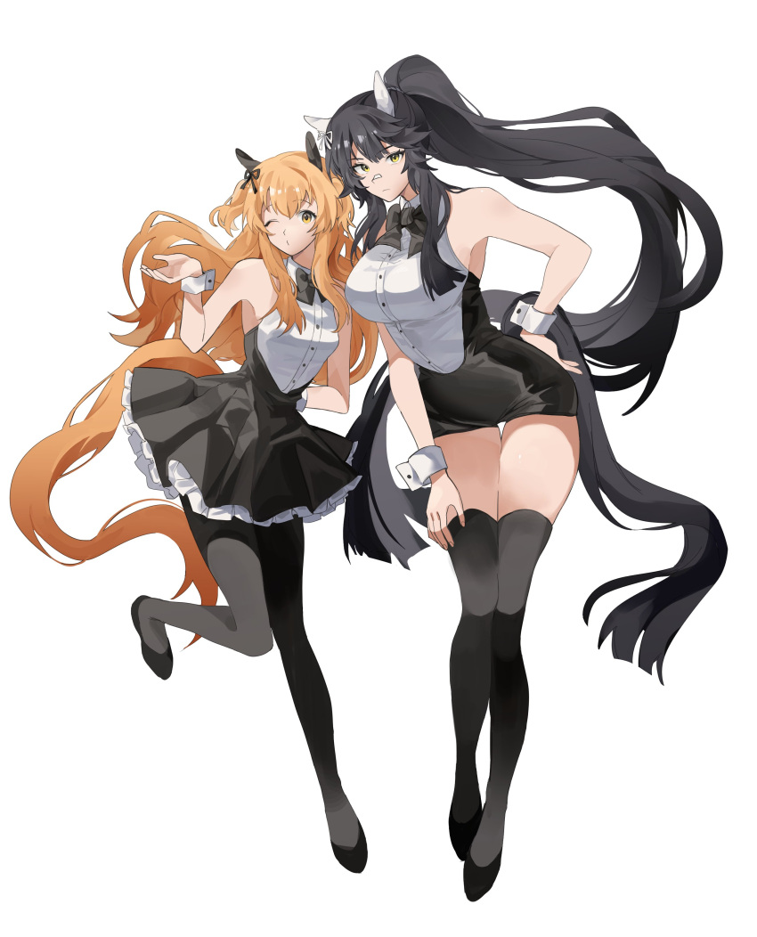 2girls absurdres alternate_costume animal_ears bad_id bad_twitter_id bandaid bandaid_on_face bandaid_on_nose bare_shoulders black_bow black_bowtie black_footwear black_hair black_pantyhose black_skirt black_thighhighs blowing_kiss bow bowtie breasts collared_shirt commentary ear_covers flats full_body green_eyes hand_on_own_hip hand_up highres horse_ears horse_girl horse_tail large_breasts long_hair mayano_top_gun_(umamusume) multiple_girls narita_brian_(umamusume) orange_hair pantyhose ponytail shirt simple_background skirt sleeveless sleeveless_shirt small_breasts symbol-only_commentary tail thighhighs two_side_up umamusume unneul very_long_hair white_background white_shirt wrist_cuffs yellow_eyes