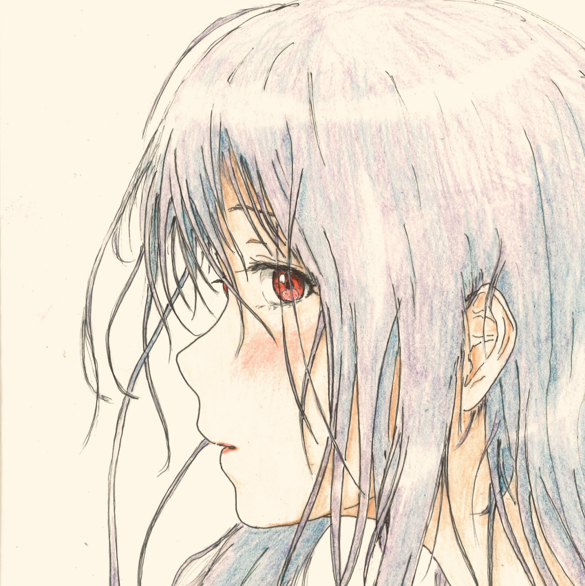 bbmasa blue_hair blush colored_pencil_(medium) female hibike!_euphonium highres liz_to_aoi_tori long_hair looking_at_viewer looking_to_the_side parted_lips red_eyes simple_background solo traditional_media white_background yoroizuka_mizore