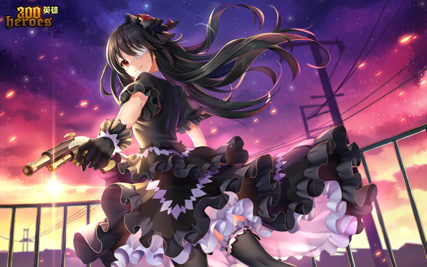 300_heroes black_dress black_gloves black_hair black_legwear closed_mouth date_a_live dress eyepatch female gloves gothic_lolita gun hair_ornament holding holding_gun holding_weapon lolita_fashion long_hair looking_at_viewer red_eyes smile solo symbol-shaped_pupils thighhighs tokisaki_kurumi weapon yue_xiao_e