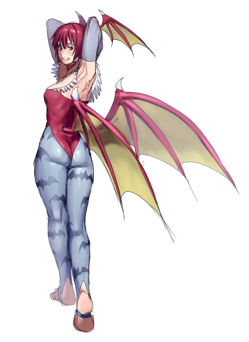 absurdres animal_print armpits arms_up ass bat_print bat_wings blue_pantyhose breasts bridal_gauntlets cosplay demon_girl elbow_pads english_commentary female from_behind full_moon gloves grey_gloves grin han_soo-min_(hanny) hanny_(uirusu_chan) head_wings highres kneepits leotard lilith_aensland lilith_aensland_(cosplay) looking_back low_wings moon original pantyhose pink_leotard print_pantyhose red_hair short_hair small_breasts smile soles solo stirrup_legwear tekken toeless_legwear twisted_torso vampire_(game) wings