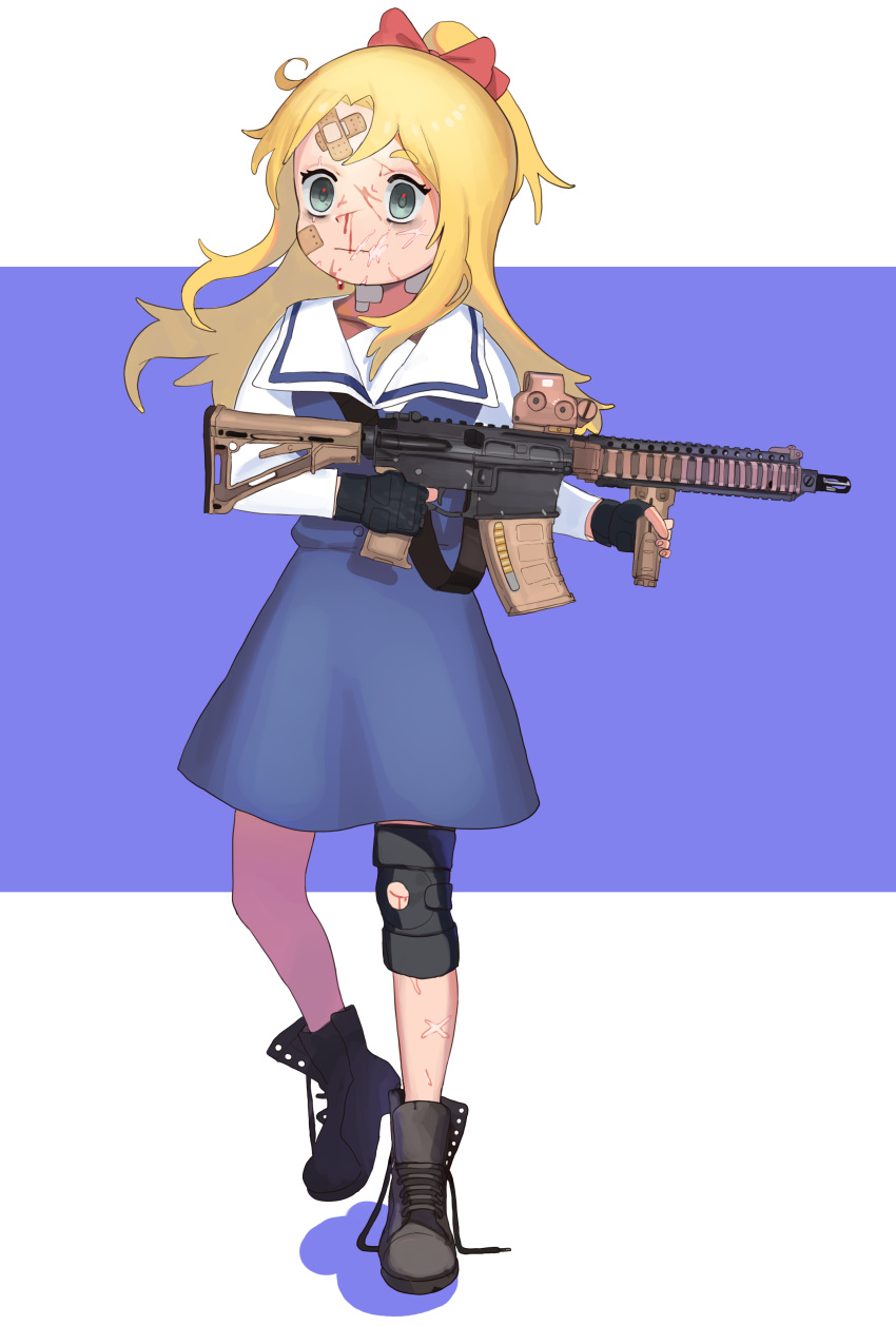 absurdres alrac_gomchi assault_rifle bad_id bad_pixiv_id bandaid blood blood_on_face boots commentary dress female fingernails full_body gun hair_ribbon highres himesaka_noa injury knee_brace long_hair m4_carbine mk_18_carbine ptsd ribbon rifle sailor_collar sailor_dress scar school_uniform shirt solo traumatized watashi_ni_tenshi_ga_maiorita! weapon white_sailor_collar white_shirt wide-eyed