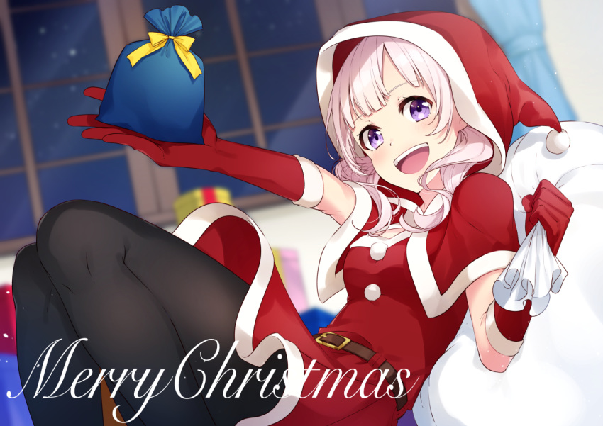 black_pantyhose blurry blurry_background bon_(bonbon315) breasts christmas commentary_request female gift gloves hat holding holding_gift holding_sack indoors long_hair medium_breasts merry_christmas open_mouth original pantyhose purple_eyes red_gloves red_hat sack santa_hat smile solo white_hair