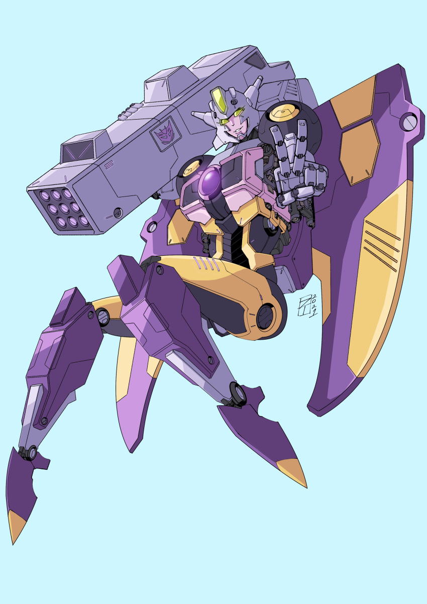 absurdres blue_background commission decepticon female highres insignia lextodrawstuff looking_at_viewer mecha missile_pod no_humans parted_lips robot science_fiction smile thunderblast transformers transformers_cybertron transformers_unicron_trilogy v yellow_eyes