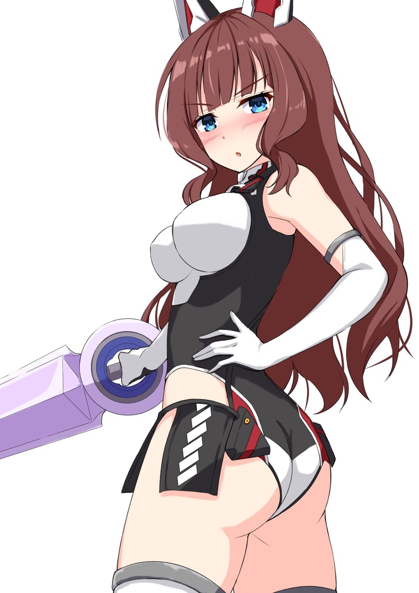 agatsuma_kaede agatsuma_kaede_(cosplay) alice_gear_aegis animal_ears ass assault_lily bare_shoulders black_leotard blue_eyes blunt_bangs blush breasts brown_hair commentary_request cosplay cowboy_shot elbow_gloves female from_behind gloves gungun_(hakutou7887) hand_on_own_hip highleg highleg_leotard highres holding holding_sword holding_weapon kaede_johan_nouvel leotard long_hair looking_at_viewer looking_back mechanical_ears medium_breasts name_connection nose_blush parted_lips playboy_bunny rabbit_ears sidelocks simple_background smile solo standing sword thighhighs two-tone_leotard v-shaped_eyebrows wavy_hair weapon white_background white_gloves white_leotard white_thighhighs