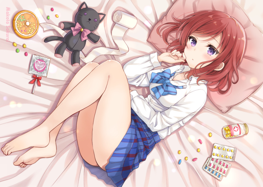 barefoot bed love_live!_school_idol_project nishikino_maki sakurai_makoto_(custom_size) school_uniform short_hair skirt teddy_bear watermark