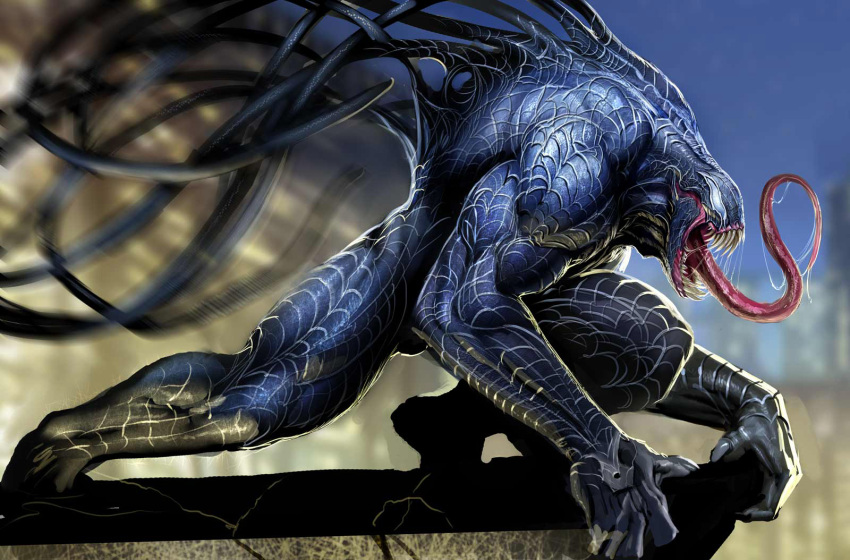 1boy from_side highres long_tongue male_focus marvel muscular muscular_male open_mouth photoshop_(medium) profile saliva sharp_teeth solo spider-man_(series) stjepan_sejic teeth tongue tongue_out venom_(marvel)