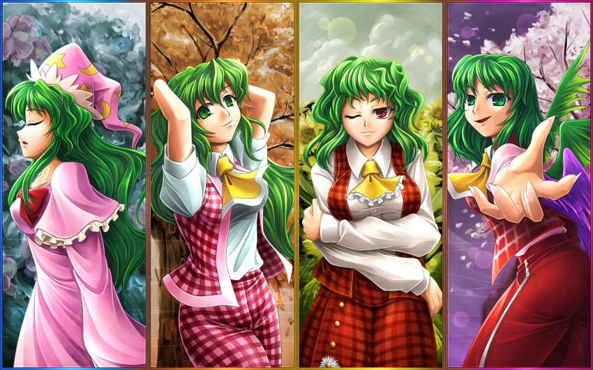 arms_up ascot breasts cherry_blossoms closed_eyes cloud commentary_request crossed_arms female fingernails flower foreshortening green_eyes green_hair hat highres kazami_yuuka kazami_yuuka_(pc-98) kioh_gyoku koto_tsubane large_breasts long_hair lotus_land_story multiple_persona mystic_square nightcap nightgown one_eye_closed pants phantasmagoria_of_flower_view photoshop_(medium) plaid plaid_pants plaid_skirt plaid_vest red_eyes seasons seihou sharp_fingernails short_hair skirt skirt_set smirk sunflower touhou touhou_(pc-98) vest wings