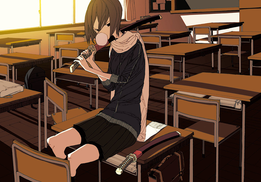 brown_hair chair chalkboard chewing_gum classroom commentary_request copyright_request desk female indoors katana kenja_tori kneehighs scarf school_desk school_uniform short_hair skirt sleeves_pushed_up socks solo sword weapon