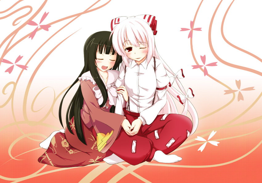 2girls black_hair bow fujiwara_no_mokou hair_ribbon hairbow highres houraisan_kaguya long_hair multiple_girls multiple_hair_bows photoshop_(medium) red_eyes ribbon suspenders touhou white_hair yuri yuuma_(noel)