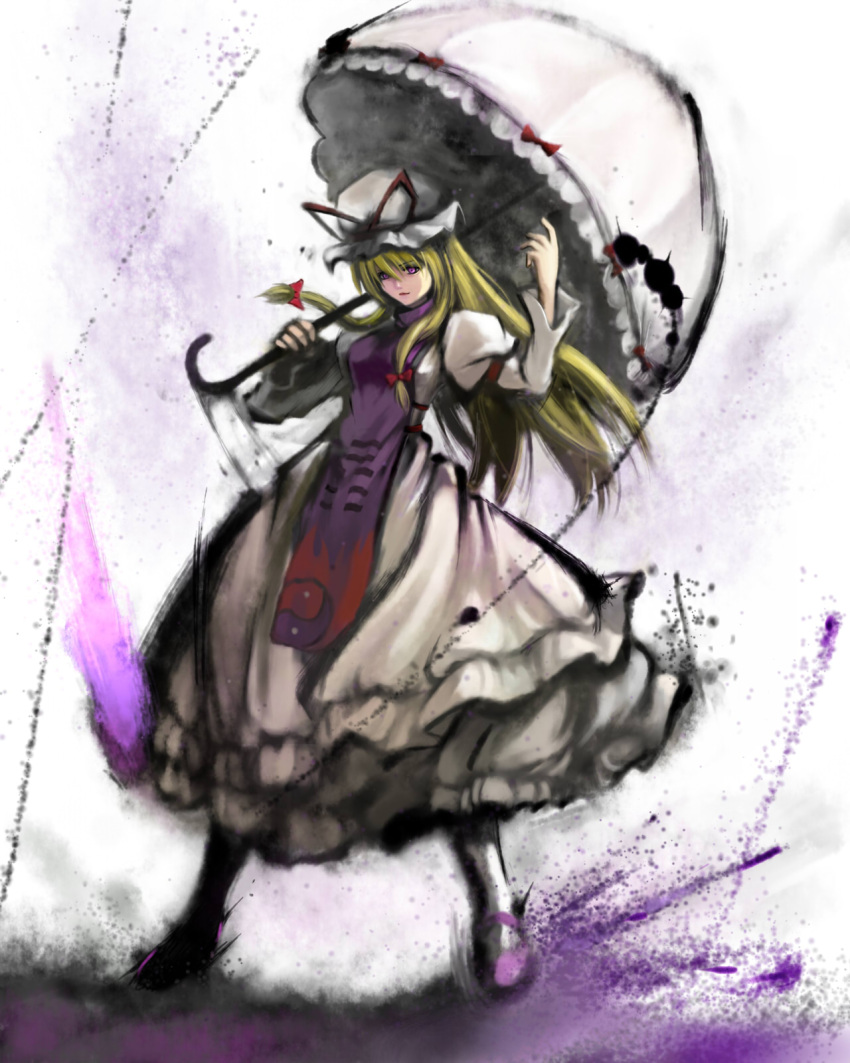 blonde_hair commentary_request female hat highres kotorippi long_hair parody solo street_fighter street_fighter_iv_(series) style_parody touhou umbrella yakumo_yukari