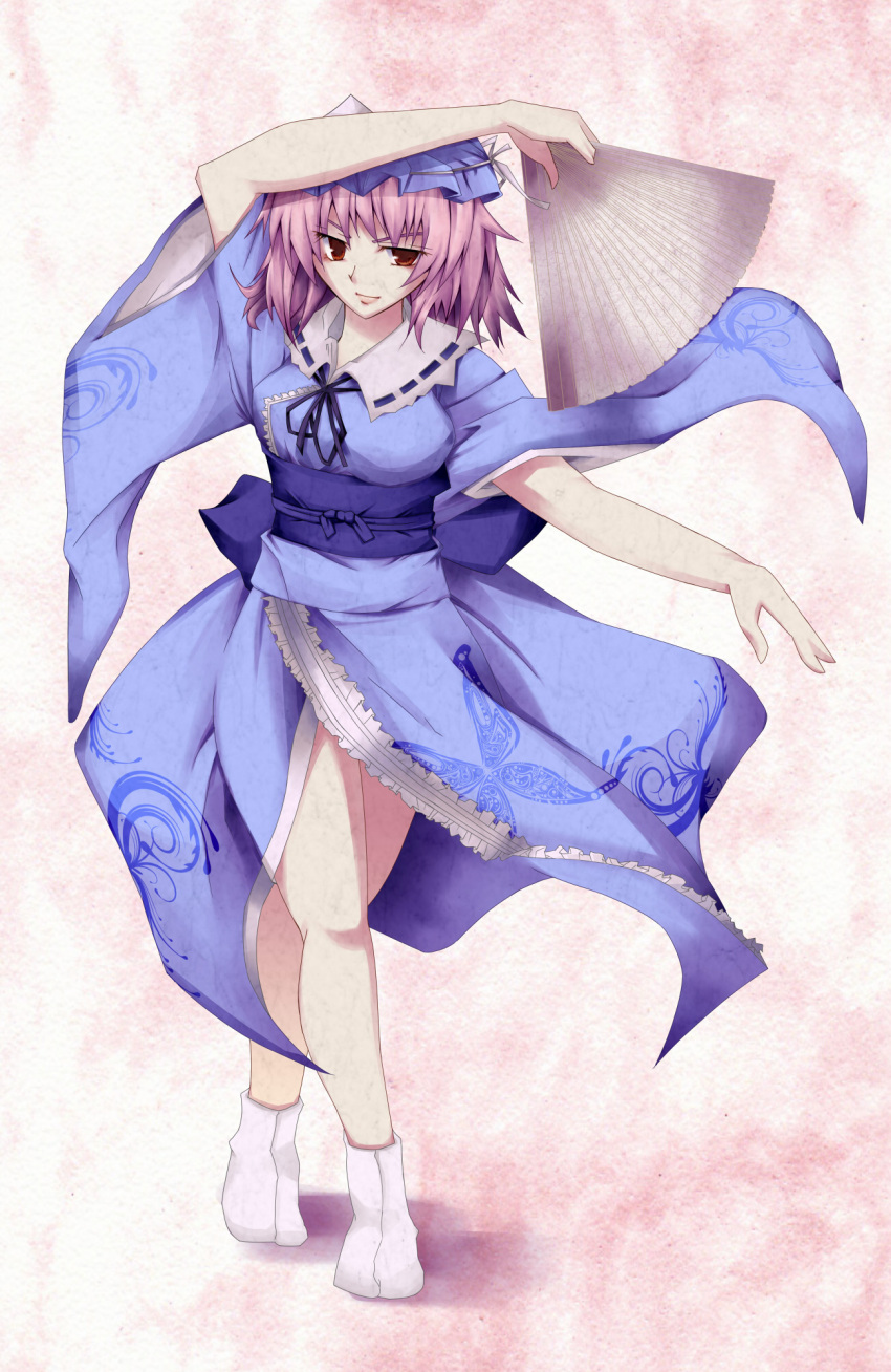 bad_id bad_pixiv_id bug butterfly female fennek hand_fan hat highres japanese_clothes pink_hair red_eyes saigyouji_yuyuko short_hair solo touhou