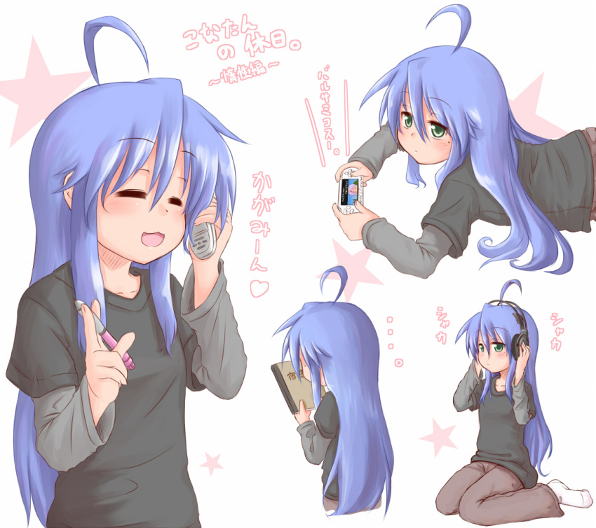 ... :3 ahoge blue_hair book casual closed_eyes commentary_request cordless_phone female green_eyes handheld_game_console headphones hiiragi_tsukasa holding holding_pen izumi_konata long_hair lucky_star mole mole_under_eye pen phone playstation_portable product_placement ryuunosuke_(luckyneco)