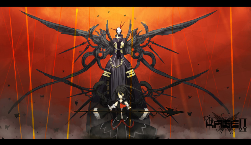 bad_id bad_pixiv_id black_hair detached_sleeves female ganesagi glowing glowing_eyes highres letterboxed long_hair original pixiv pixiv_shadow polearm spear weapon wings yellow_eyes