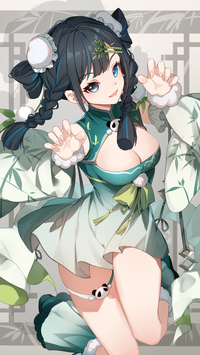 :d bare_shoulders bison_cangshu black_hair blue_eyes blue_footwear blue_hair braid breasts bun_cover claw_pose cleavage cleavage_cutout clothing_cutout commentary_request detached_sleeves double_bun dress female fur-trimmed_sleeves fur_trim girimi_(virtuareal) green_dress grey_background grey_eyes hair_bun heterochromia highres long_sleeves looking_at_viewer medium_breasts multicolored_hair nijisanji shoes sleeveless sleeveless_dress smile solo streaked_hair twin_braids virtual_youtuber virtuareal wide_sleeves