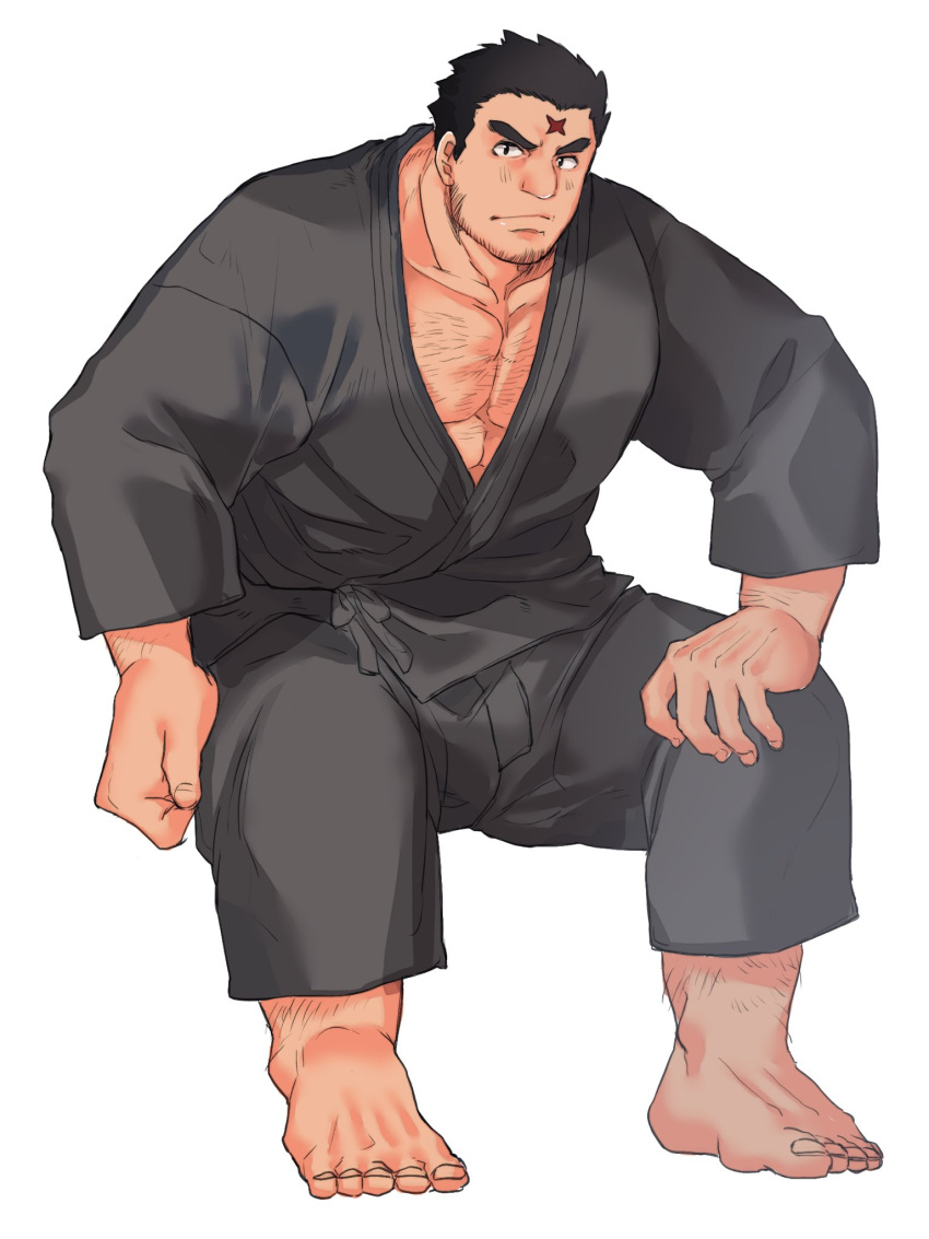 1boy alternate_costume bara black_hair black_kimono blush bulge chest_hair cross_scar facial_hair full_body goatee highres houzouin_oniwaka japanese_clothes kimono long_sideburns looking_at_viewer male_focus mature_male muscular muscular_male open_clothes open_kimono pectoral_cleavage pectorals scar scar_on_face scar_on_forehead shiratori_yokikana short_hair sideburns sitting solo stubble thick_eyebrows tokyo_afterschool_summoners