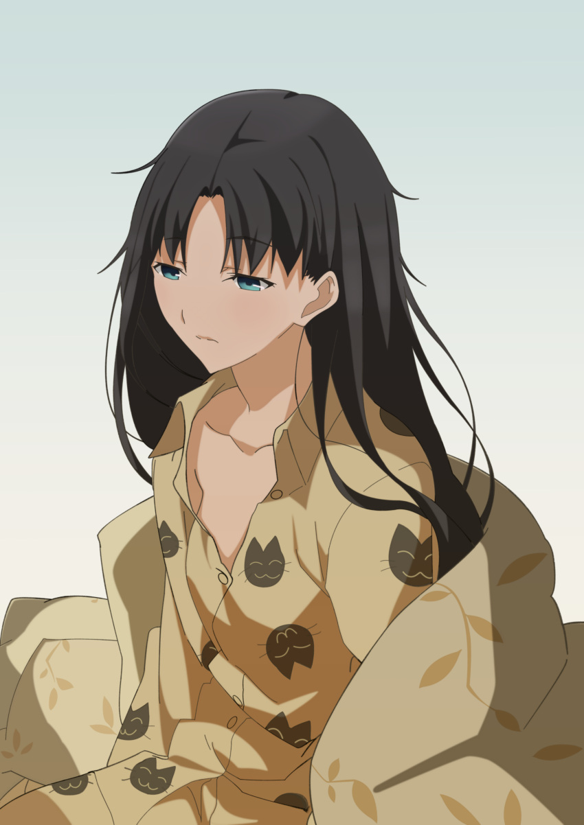 absurdres animal_print aqua_eyes black_hair cat_print closed_mouth collarbone collared_shirt dress_shirt fate/stay_night fate_(series) female grey_background half-closed_eyes highres long_hair newgame_peco pajamas pants print_pants print_shirt shirt simple_background sitting sleepwear sleepy solo straight_hair tohsaka_rin under_covers very_long_hair wing_collar yellow_pants yellow_shirt