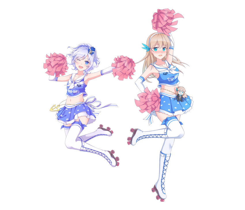 2girls alternate_costume anchor bad_id bad_pixiv_id blue_eyes blue_skirt boots breasts cheerleader commentary_request crop_top cross-laced_footwear elbow_gloves frilled_skirt frills full_body gloves hat highres jumping lexington_(cv-16)_(warship_girls_r) midriff mini_hat miniskirt multiple_girls navel photoshop_(medium) pleated_skirt pom_pom_(cheerleading) purple_hair roller_skates sigsbee_(warship_girls_r) simple_background skates skirt small_breasts standing standing_on_one_leg suanjianyanchendianyushui thighhighs warship_girls_r white_background white_footwear white_gloves white_legwear