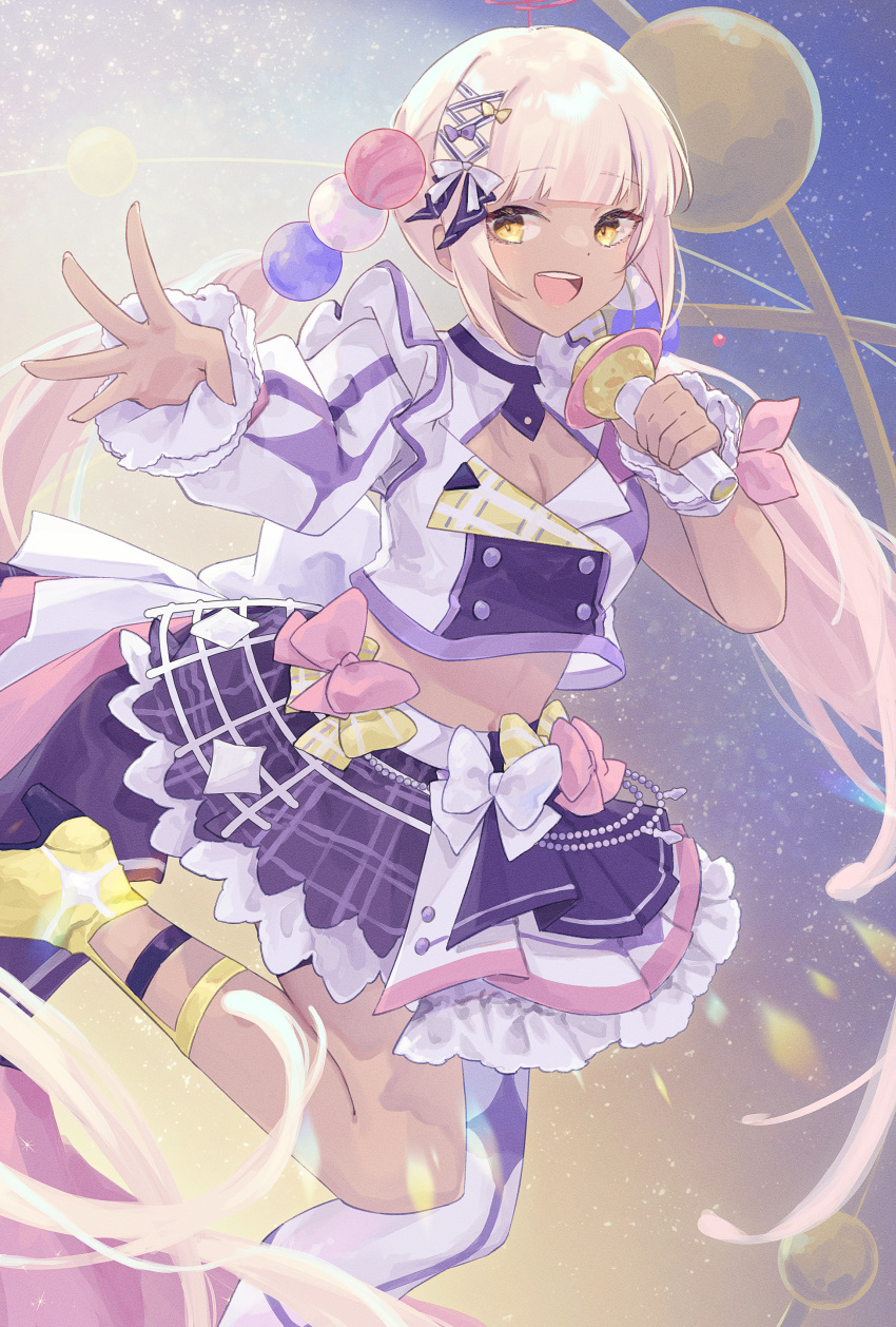 :d absurdres alternate_costume asymmetrical_clothes asymmetrical_legwear asymmetrical_sleeves bow breasts buttons cleavage_cutout clothing_cutout crop_top dark-skinned_female dark_skin double-breasted earrings female hair_ornament high_heels highres holding holding_microphone hololive hololive_english hololive_idol_uniform_(bright) idol idol_clothes jewelry kotake_8 large_breasts leg_up light_brown_hair long_hair long_sleeves looking_at_viewer microphone midriff navel night night_sky open_mouth pantyhose pink_bow plaid plaid_skirt planet_hair_ornament pleated_skirt purple_skirt ribbon shirt sidelocks single_earring single_leg_pantyhose skirt sky sleeveless smile solo star_(sky) starry_sky teeth tongue tsukumo_sana twintails upper_teeth_only very_long_hair virtual_youtuber white_bow white_skirt yellow_bow yellow_eyes yellow_footwear