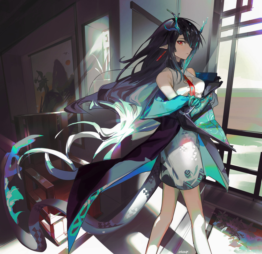 absurdres arknights arm_tattoo bare_shoulders black_hair black_jacket china_dress chinese_clothes colored_skin crossed_arms dress dusk_(arknights) earrings feet_out_of_frame female flame-tipped_tail floating_hair green_hair green_skin hair_over_one_eye highres horns indoors jacket jewelry long_hair looking_at_viewer multicolored_hair necktie off_shoulder open_clothes open_jacket pointy_ears red_eyes red_necktie sleeveless sleeveless_dress solo standing streaked_hair tail tassel tassel_earrings tattoo twice12314 twitter_username very_long_hair white_dress window