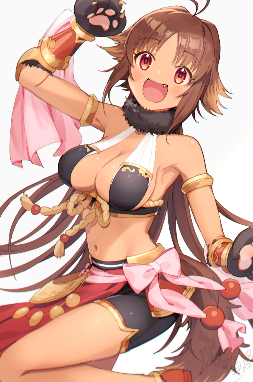 :d animal_hands antenna_hair arm_up bare_shoulders bike_shorts black_gloves black_shorts breasts brown_hair cleavage commentary_request dark-skinned_female dark_skin feet_out_of_frame female fur_collar gloves grey_background highres kaori_(princess_connect!) long_hair medium_breasts mugi_(iccomae) navel oerba_yun_fang open_mouth parted_bangs paw_gloves princess_connect! red_eyes red_footwear shoes short_shorts shorts simple_background smile solo standing standing_on_one_leg tail very_long_hair