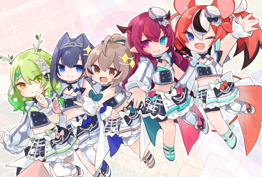 5girls :d \||/ ahoge antlers asymmetrical_clothes asymmetrical_legwear asymmetrical_sleeves black_hair black_skirt blue_bow blue_eyes blue_hair bow braid branch brown_bow brown_eyes brown_hair buttons ceres_fauna chain_headband chains chibi cleavage_cutout clothing_cutout crop_top double-breasted flower frills green_bow green_hair hair_between_eyes hair_flower hair_intakes hair_ornament hakos_baelz headband heterochromia highres holocouncil hololive hololive_english hololive_idol_uniform_(bright) horns idol idol_clothes irys_(hololive) kotake_8 long_hair long_sleeves medium_hair midriff multicolored_hair multiple_girls nanashi_mumei official_alternate_costume one_eye_closed open_mouth ouro_kronii pink_eyes plaid plaid_skirt pleated_skirt pointy_ears ponytail red_bow red_hair ribbon shirt short_hair single_braid single_thighhigh skirt sleeveless smile stomach streaked_hair thigh_strap thighhighs virtual_youtuber waving white_bow white_hair white_skirt yellow_eyes