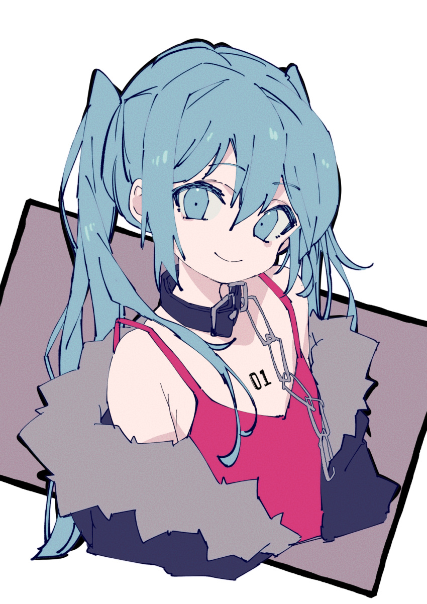 3774. belt_collar black_choker black_jacket chains choker collar cropped_torso female green_eyes green_hair hatsune_miku highres jacket long_hair looking_at_viewer off_shoulder red_tank_top smile solo tank_top twintails upper_body vocaloid white_background