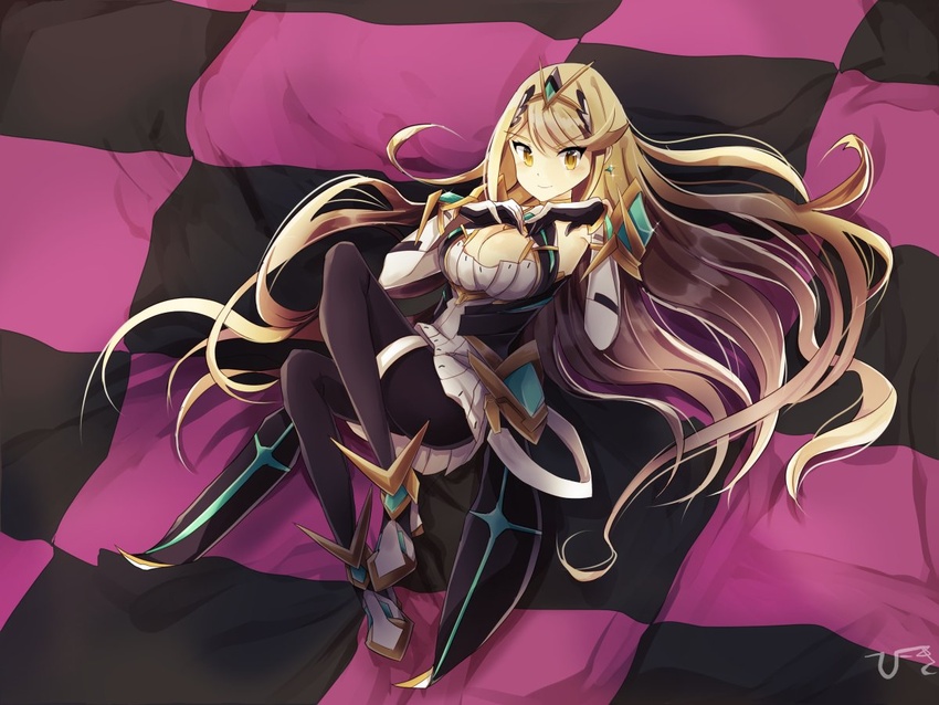 bad_id bad_twitter_id black_pantyhose blonde_hair breasts checkered cleavage cleavage_cutout clothing_cutout commentary_request dress elbow_gloves female full_body gloves hands_on_own_chest hikouki_(umiko003) large_breasts long_hair looking_at_viewer mythra_(massive_melee)_(xenoblade) mythra_(xenoblade) pantyhose short_dress solo spirit_(super_smash_bros.) super_smash_bros. swept_bangs thigh_strap tiara very_long_hair white_dress white_footwear white_gloves world_is_mine_(vocaloid) xenoblade_chronicles_(series) xenoblade_chronicles_2 yellow_eyes