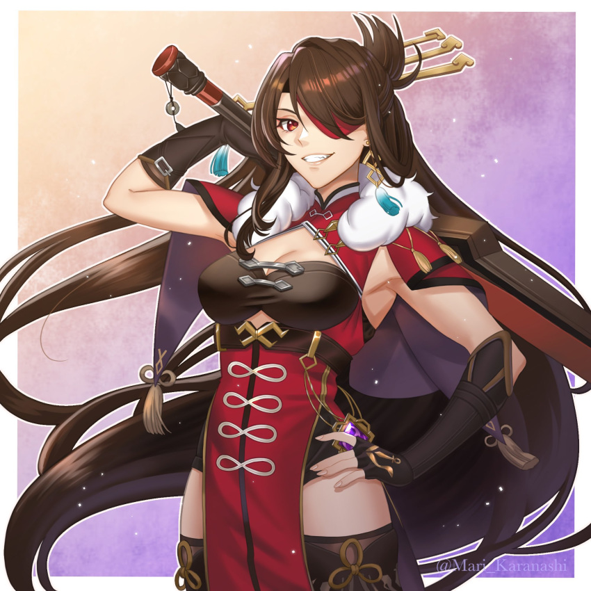 :d \||/ armpits beidou_(genshin_impact) black_gloves black_hair blackcliff_slasher_(genshin_impact) breasts chinese_clothes cleavage commentary_request elbow_gloves eyepatch female fingerless_gloves genshin_impact gloves grin hair_ornament hand_on_own_hip highres karanashi_mari long_hair looking_at_viewer over_shoulder parted_bangs red_eyes side_slit sidelocks sleeveless smile solo vision_(genshin_impact) weapon weapon_over_shoulder