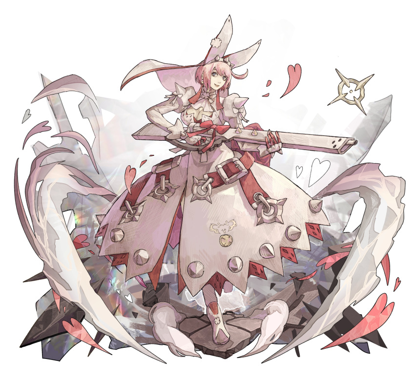 absurdres animal_ears breasts cleavage dress elphelt_valentine female gloves guilty_gear guilty_gear_xrd gun hairband highres juliet_sleeves long_sleeves pink_hair puffy_sleeves rabbit_ears short_hair spiked_hairband spikes subakeye veil weapon white_dress