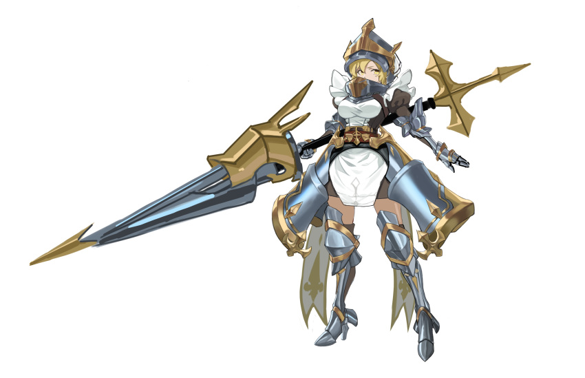 armor belt black_legwear blonde_hair commentary_request cross demia_(king's_raid) female gauntlets greaves hair_between_eyes helmet highres holding holding_polearm holding_weapon huge_weapon king's_raid lance maid polearm puffy_sleeves r1zen short_hair simple_background solo standing vambraces weapon white_background yellow_eyes