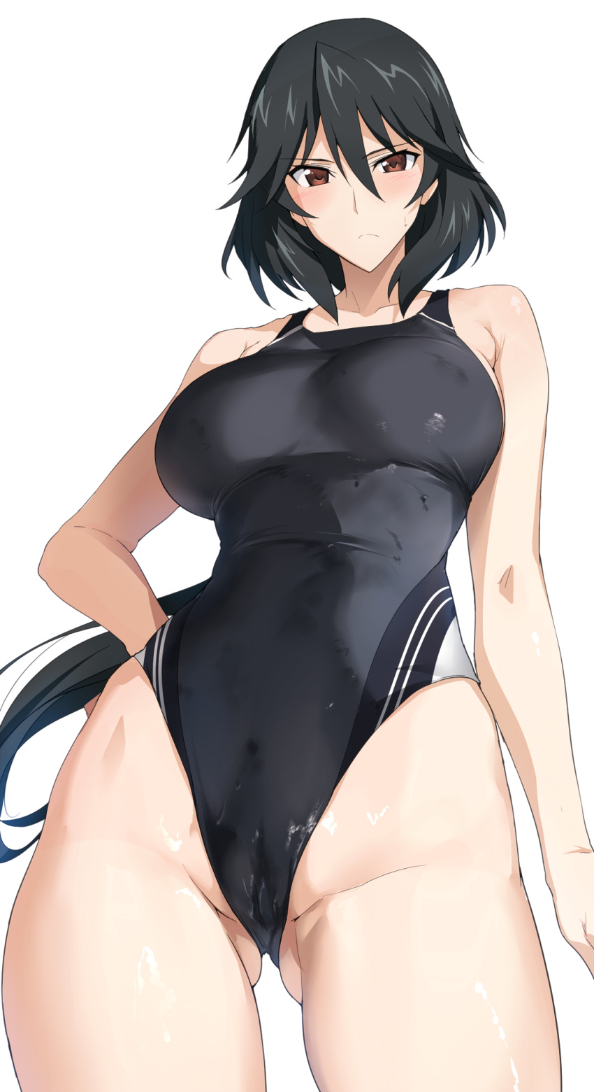 ass_visible_through_thighs black_hair black_one-piece_swimsuit breasts brown_eyes competition_swimsuit covered_navel cowboy_shot female from_below halcon highleg highleg_swimsuit highres infinite_stratos looking_at_viewer looking_down medium_breasts one-piece_swimsuit orimura_chifuyu short_hair smile solo standing swimsuit