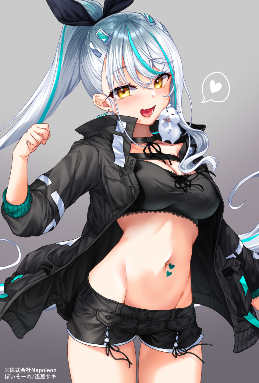 :d asagi_saki black_choker black_jacket black_shirt black_shorts breasts choker cowboy_shot crop_top female grey_background groin hair_ornament hair_ribbon hairclip hand_up heart highres jacket long_hair long_sleeves looking_at_viewer medium_breasts midriff multicolored_hair navel oerba_yun_fang open_clothes open_jacket open_mouth ponytail ribbon shirt short_shorts shorts smile solo spoken_heart standing stomach streaked_hair teltelhousi thighs very_long_hair virtual_youtuber voice-ore white_hair yellow_eyes