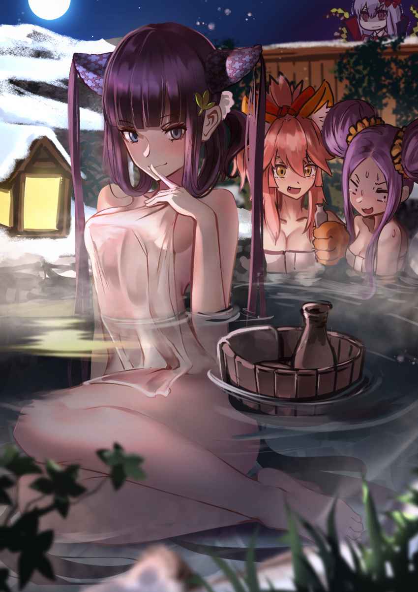 4girls animal_hands bare_shoulders bathing bb_(fate) bb_(swimsuit_mooncancer)_(fate) bb_(swimsuit_mooncancer)_(third_ascension)_(fate) blue_eyes blunt_bangs blush bottle bow breasts bucket cat_paws chibi cleavage closed_mouth collarbone commentary_request constricted_pupils double_bun fate/extra fate/grand_order fate_(series) forehead full_moon gloves grass hair_between_eyes hair_bun hair_ornament hair_scrunchie hairbow highres lantern legs long_hair looking_at_viewer looking_to_the_side moon multiple_girls nakasaku-p naked_towel night night_sky oerba_yun_fang onsen outdoors parted_bangs partially_submerged paw_gloves pink_hair plant ponytail purple_hair red_bow sake_bottle same-sex_bathing scrunchie shared_bathing sideboob sidelocks sitting sky small_breasts smile snow tamamo_(fate) tamamo_cat_(fate) tentacle towel twintails water wooden_bucket wu_zetian_(fate) yang_guifei_(fate) yang_guifei_(second_ascension)_(fate) yellow_eyes yellow_scrunchie