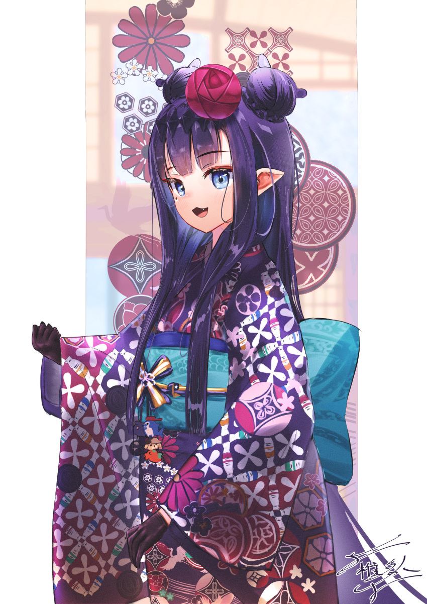 :3 :d absurdres black_gloves blue_eyes blunt_bangs braid braided_bun clenched_hand commentary double_bun english_commentary female flower gloves hair_behind_ear hair_bun hair_flower hair_ornament highres hololive hololive_english japanese_clothes kimono long_hair long_sleeves looking_at_viewer mole mole_under_eye ninomae_ina'nis ninomae_ina'nis_(new_year) obi oerba_yun_fang official_alternate_hairstyle open_mouth pink_flower pointy_ears print_kimono purple_hair purple_kimono sash shiina_rei sidelocks signature smile solo standing virtual_youtuber