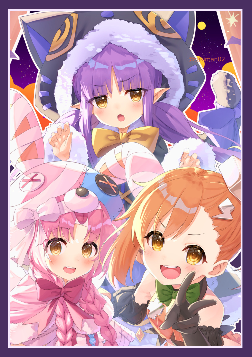 3girls :d animal_ears animal_hat animal_hood bandaged_hand bandages bare_shoulders bell black_capelet black_gloves black_jacket black_skirt black_sleeves blush border bow braid brown_bow brown_eyes brown_hair button_eyes buttons capelet cat_ears cat_hood cat_tail claw_pose commentary_request detached_sleeves elbow_gloves elf fake_animal_ears frilled_skirt frills fur-trimmed_capelet fur-trimmed_hood fur-trimmed_skirt fur-trimmed_sleeves fur_trim gloves green_bow hair_ornament hair_over_shoulder hand_up hands_up hat highres hood hooded_capelet jacket jingle_bell kyoka_(halloween)_(princess_connect!) kyoka_(princess_connect!) lightning_bolt_hair_ornament lightning_bolt_symbol long_hair long_sleeves looking_at_viewer low_twintails mimi_(halloween)_(princess_connect!) mimi_(princess_connect!) misogi_(halloween)_(princess_connect!) misogi_(princess_connect!) multiple_girls nut_(hardware) nut_hair_ornament oerba_yun_fang open_mouth parted_bangs pink_capelet pink_hair pointy_ears princess_connect! puffy_short_sleeves puffy_sleeves purple_border purple_bow purple_hair rabbit_ears rabbit_hat red_bow red_skirt short_sleeves side_ponytail skin_fang skirt sleeves_past_wrists smile standing tail teeth tsukiman twin_braids twintails twitter_username upper_teeth_only v v-shaped_eyebrows very_long_hair white_bow wide_sleeves yellow_bow