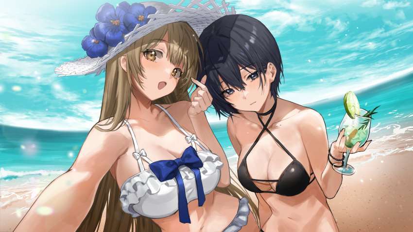 2girls absurdres bare_shoulders beach bikini black_bikini black_eyes black_hair blue_sky blush breasts brown_eyes brown_hair chungu cleavage collarbone commentary_request cup day drinking_glass hat highres large_breasts long_hair looking_at_viewer md5_mismatch multiple_girls ocean open_mouth original outdoors shore short_hair sky sun_hat swimsuit white_bikini white_headwear