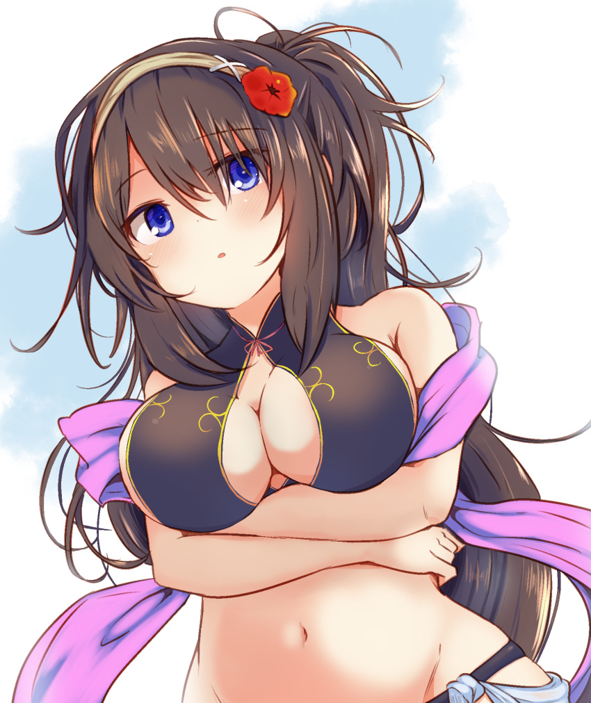 :o arms_under_breasts bare_shoulders bikini black_bikini blue_eyes blush breast_hold breasts center_opening commentary_request crossed_arms dot_nose female flower from_below groin hair_between_eyes hair_flower hair_ornament hairband highres koko_(hm142533) long_hair looking_at_viewer lowleg lowleg_bikini medium_breasts messy_hair navel outdoors ponytail purple_shawl rinne_(sennen_sensou_aigis) sennen_sensou_aigis shawl sky solo swimsuit upper_body very_long_hair