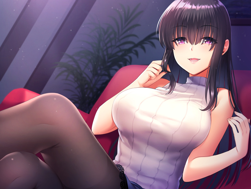 bangs black_hair black_legwear breasts commentary_request couch evil_smile eyebrows_visible_through_hair eyes_visible_through_hair female hair_between_eyes hair_over_eyes highres hoshina_meito indoors large_breasts lipstick long_hair looking_at_viewer looking_down makeup original pantyhose partial_commentary playing_with_own_hair purple_eyes ribbed_sweater sidelocks sitting sleeveless sleeveless_turtleneck smile solo sweater turtleneck