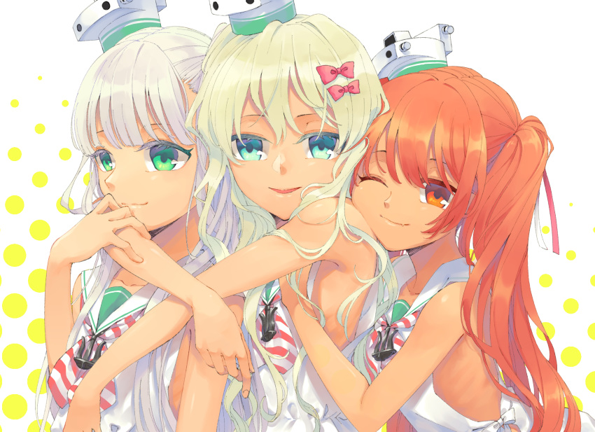 3girls anchor_necklace bare_shoulders blonde_hair blue_eyes blush bow brown_eyes brown_hair dark-skinned_female dark_skin dress grecale_(kancolle) green_eyes grey_hair hair_between_eyes hair_ornament hair_ribbon hairbow hat highres hisame_(gocbu) jewelry kantai_collection libeccio_(kancolle) long_hair looking_at_viewer maestrale_(kancolle) multiple_girls necklace one_eye_closed open_mouth ribbon sailor_collar sailor_dress sleeveless sleeveless_dress smile twintails wavy_hair white_dress white_ribbon white_sailor_collar