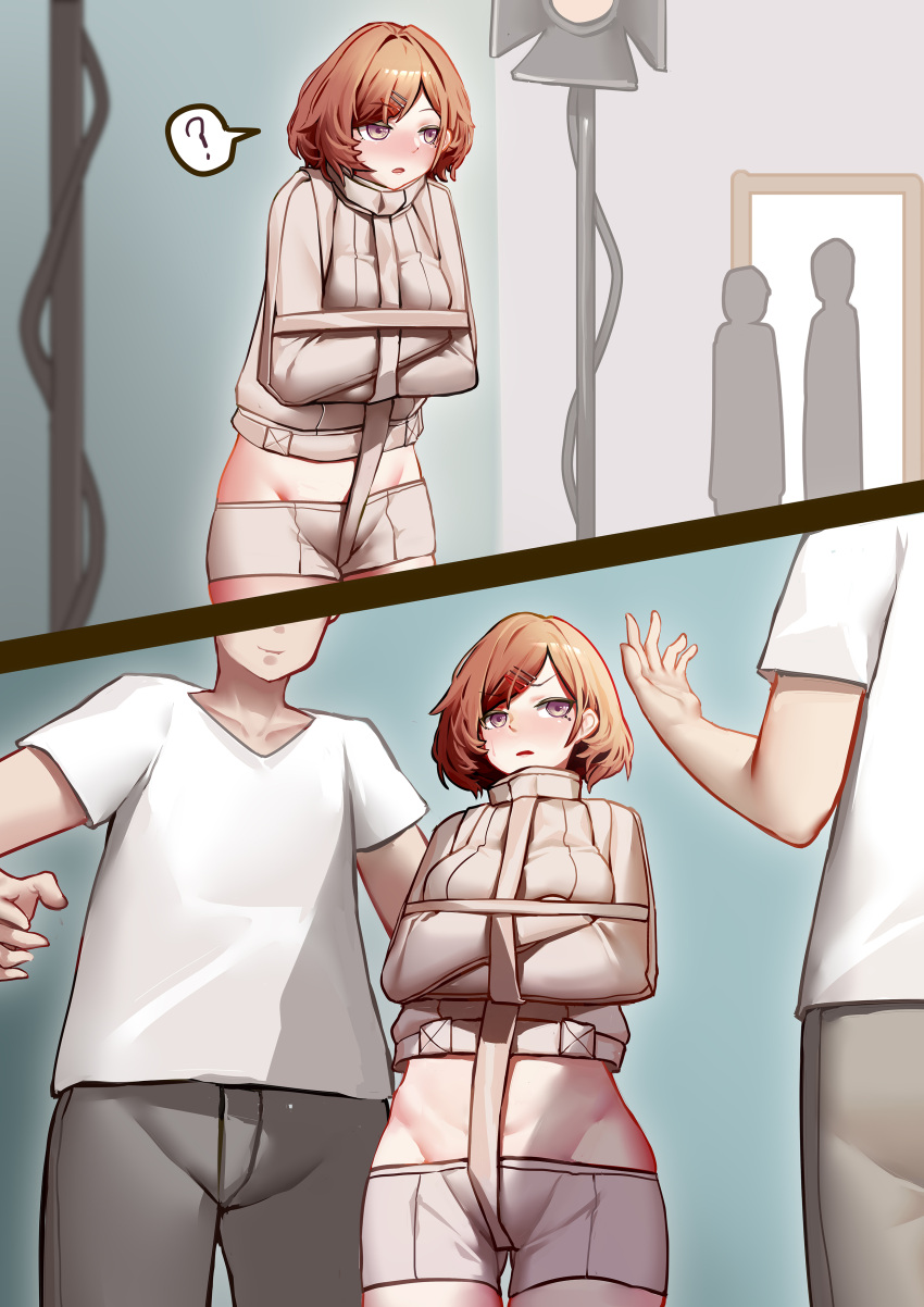 2boys ? absurdres bondage bound bound_arms brown_eyes brown_hair commentary_request commission crotch_strap female hair_ornament hairclip highres higuchi_madoka idolmaster idolmaster_shiny_colors mihua_mh mole mole_under_eye multiple_boys restrained second-party_source short_hair shorts spoken_question_mark stage_lights standing straitjacket